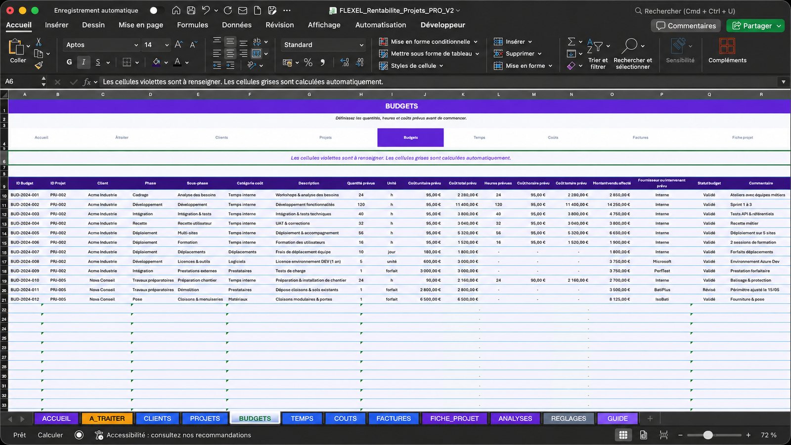 Onglet Budgets du fichier FLEXEL Rentabilité Projets PRO, ouvert dans Microsoft Excel