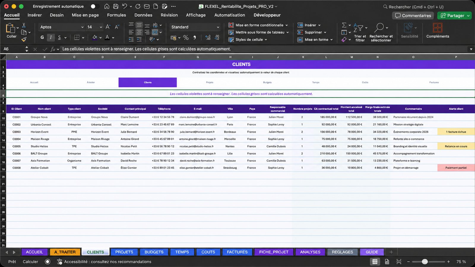 Onglet Clients du fichier FLEXEL Rentabilité Projets PRO, ouvert dans Microsoft Excel