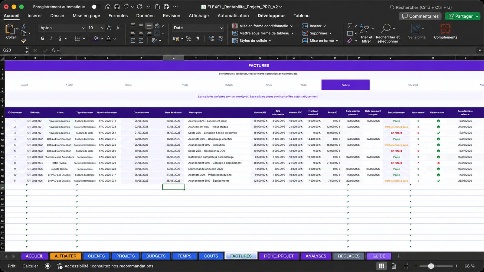 Onglet Factures du fichier FLEXEL Rentabilité Projets PRO, ouvert dans Microsoft Excel