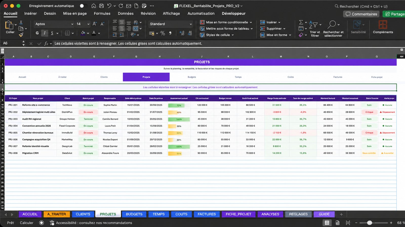 Onglet Projets du fichier FLEXEL Rentabilité Projets PRO, ouvert dans Microsoft Excel